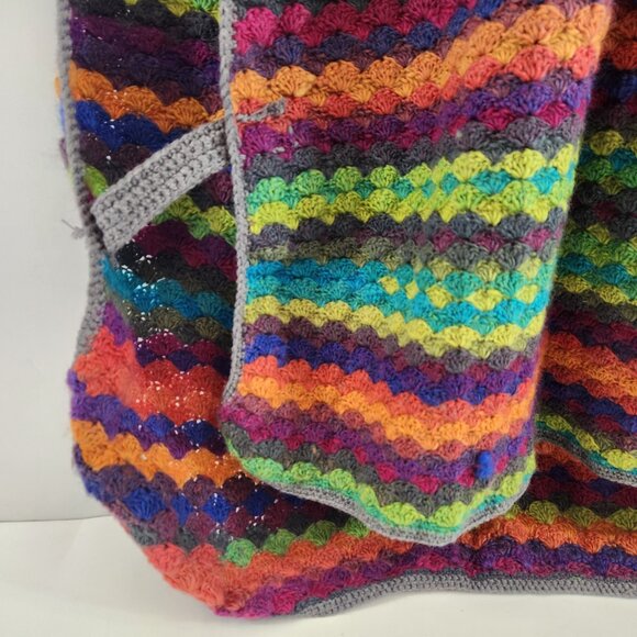 Hand Knit Rainbow Striped Hooded Poncho Unisex Hippie Colorful Yarn - Picture 2 of 14